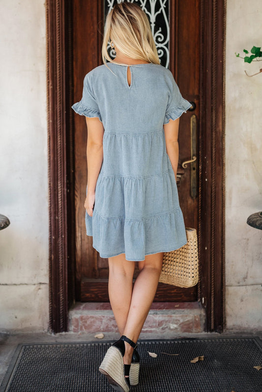 Sky Blue Ruffled Short Sleeves Tiered Denim Dress