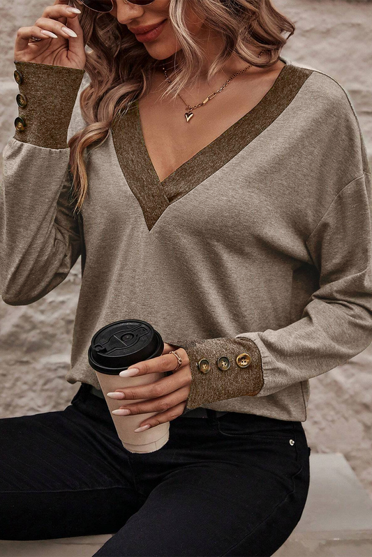 V Neck Button Cuffed Long Sleeve Top