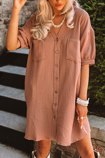 Brown Crinkle Textured Joint Bubble Sleeve Shirt Dress