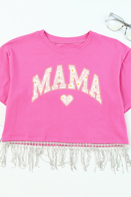 Pink MAMA Heart Daisy Print Rhinestone Fringed Cropped Top