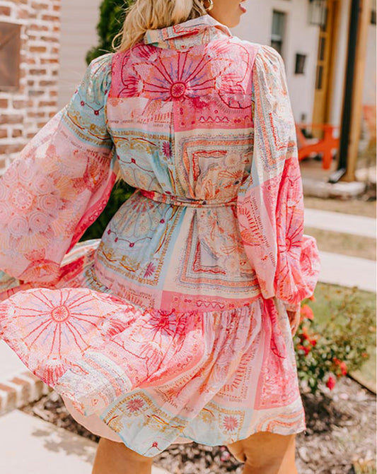 Pink Patchwork Print Bubble Sleeves Belted Plus Size Dress