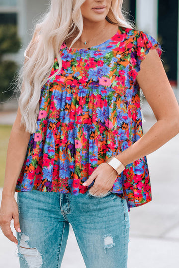 Floral Print Ruffle Tiered Short Sleeve Babydoll Top