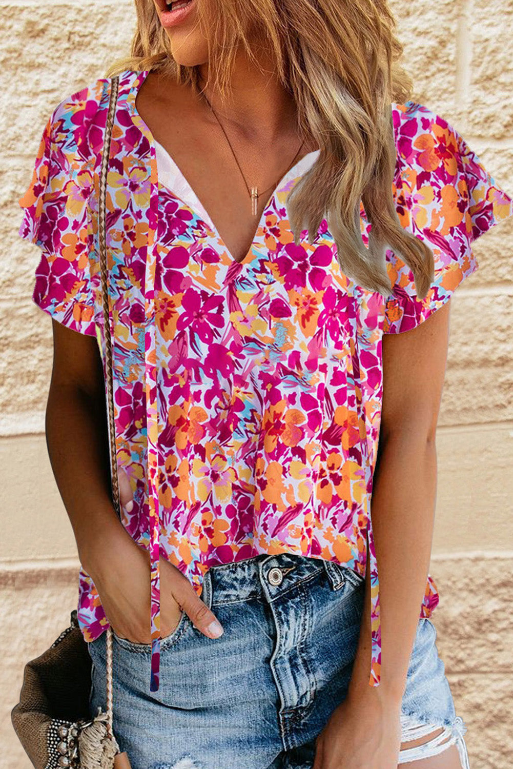 Red Flutter Sleeves Floral Print Top