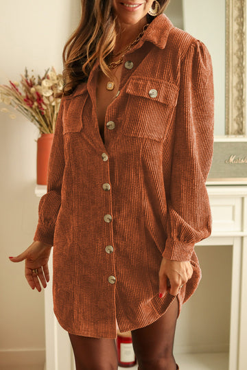 Corduroy Buttoned Long Sleeve Shirt Dress