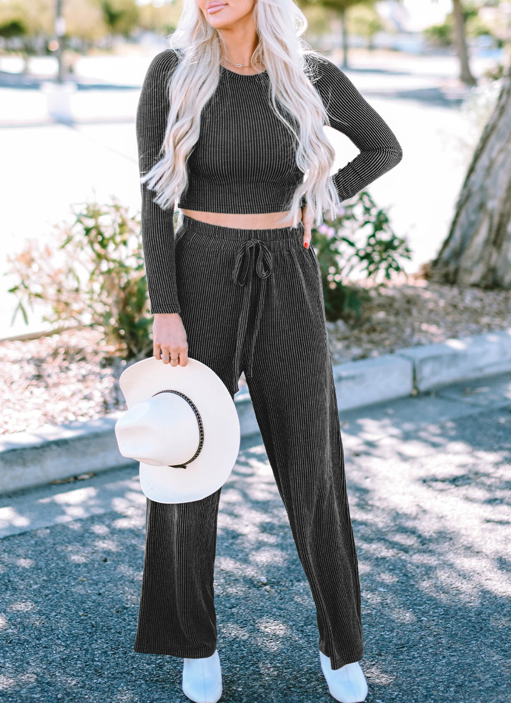 Corded Long Sleeve Top Wide Leg Pants Set