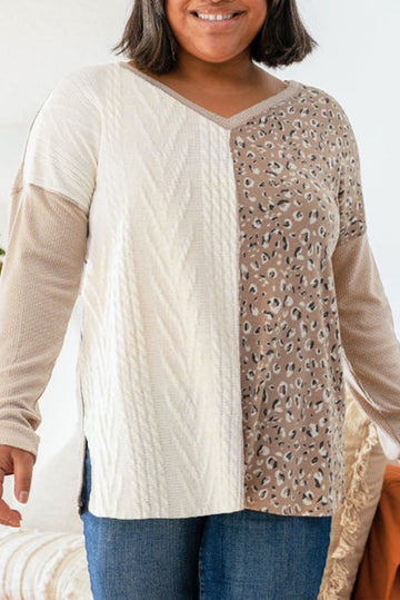 Plus Size Leopard Patchwork Mix Knit Long Sleeve Top