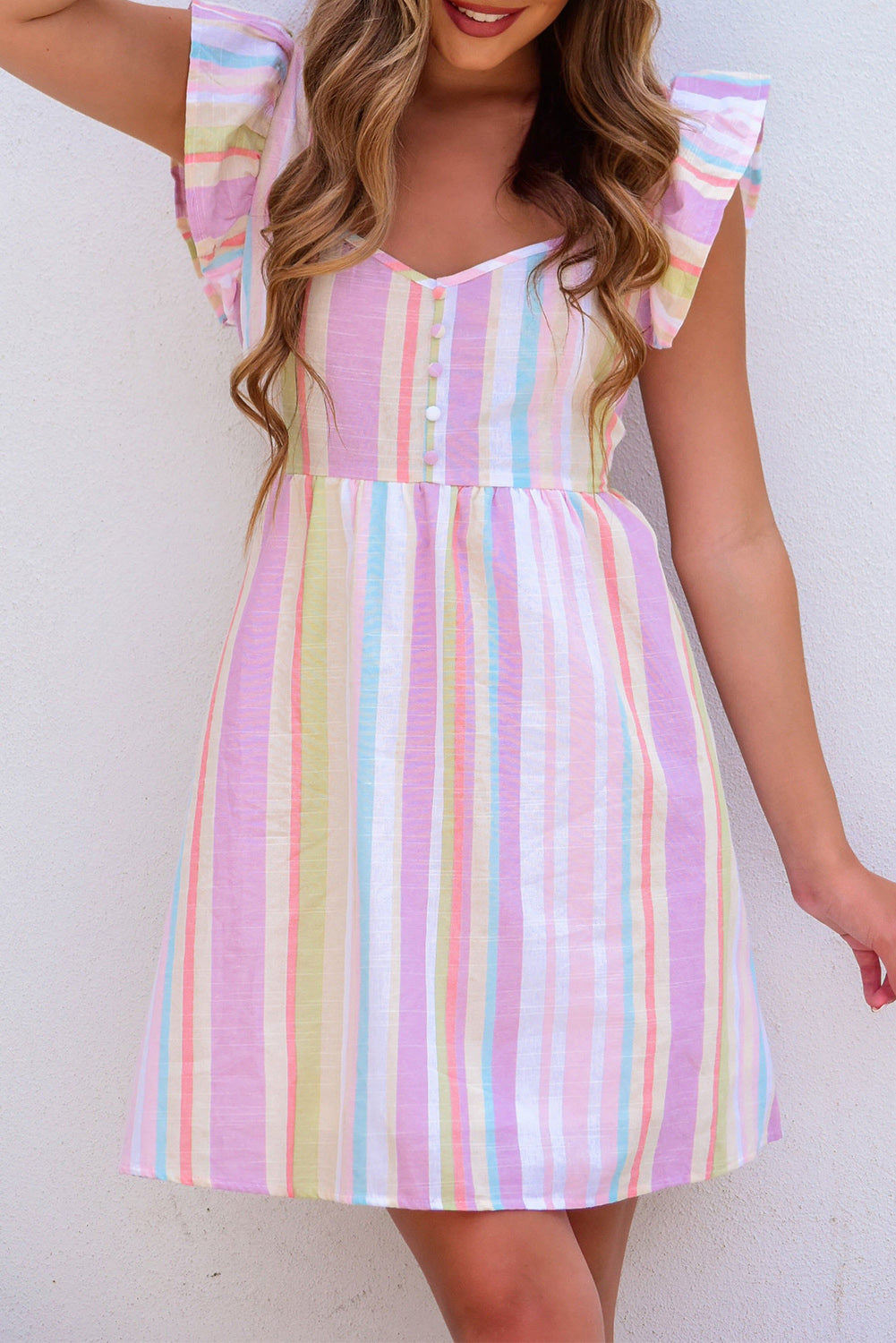 Striped Button Sweetheart Flutter Sleeve Dress