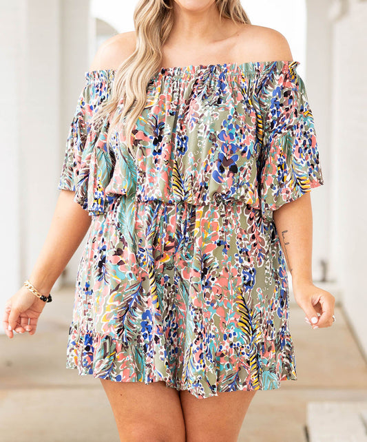 Plus Size Off Shoulder Floral Print Romper