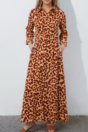 Leopard Button-Up Long Sleeve Maxi Dress