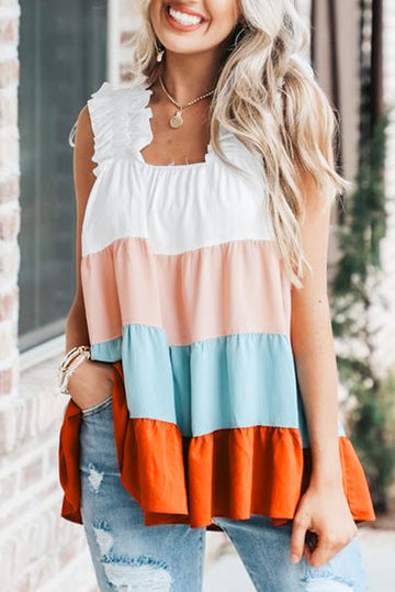 White Frill Straps Color Block Tiered Tank Top