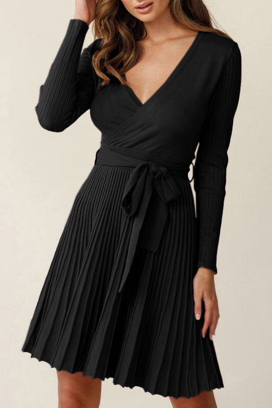 Belted V Neck Ribbed Pleated Sweater Dress