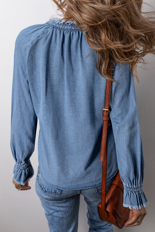 Frilled Raw Hem Half Buttoned Denim Top