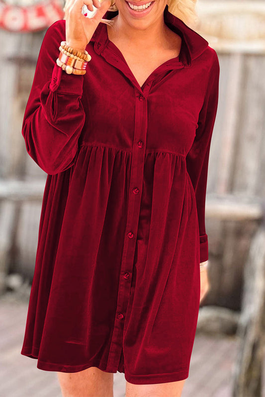 Long Sleeve Ruffle Velvet Button Up Dress