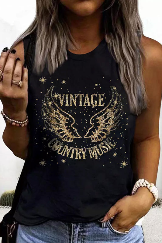 Black Vintage Country Music Wing Glitter Print Tank Top