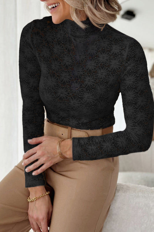 Floral Lace High Neck Long Sleeve Top