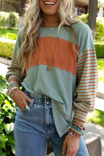 Colorblock Striped Bishop Sleeve Top