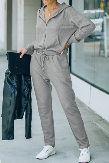 Waffle Knit Zip-Up Hoodie and Pants Athleisure Outfit