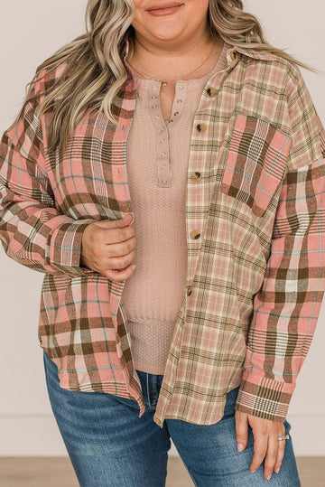 Plus Size Color Block Plaid Long Sleeve Shirt with Pocket