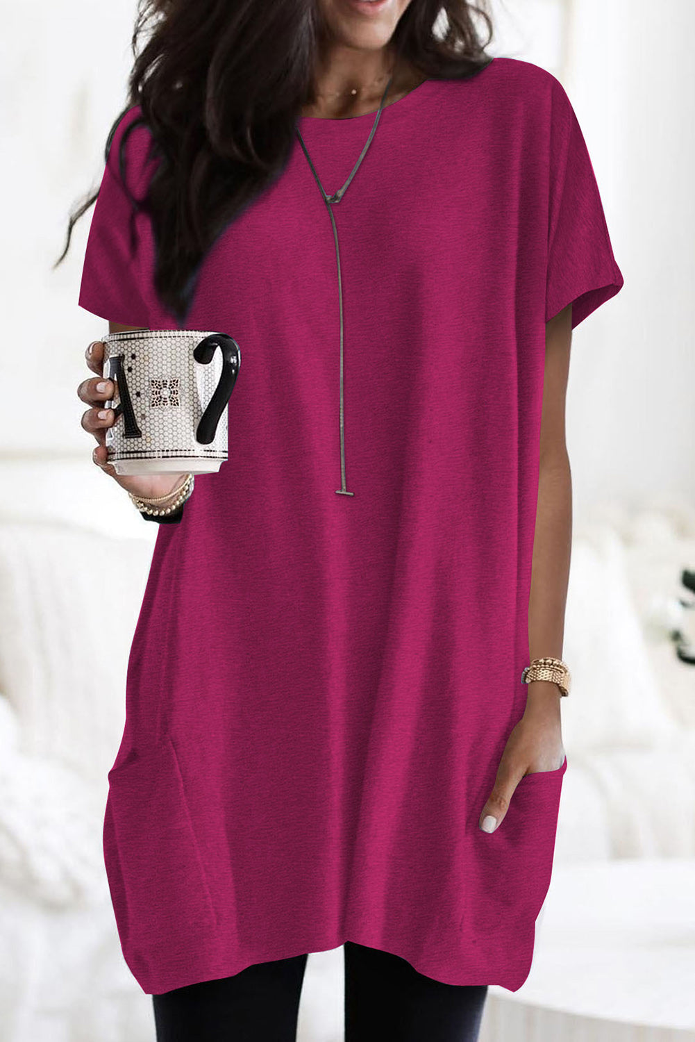 Rose Side Pockets Short Sleeve Tunic Top