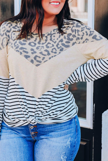 Leopard Colorblock Striped Patchwork Plus Size Long Sleeve Tee