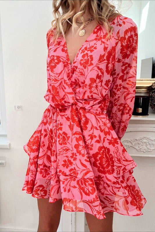 Floral Ruffle Layered Puff Sleeve Surplice Dress