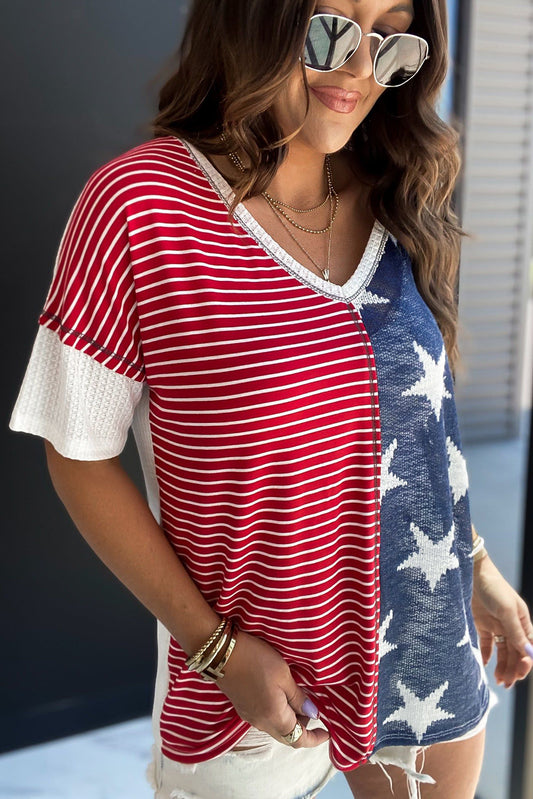 Stripes Stars Print Knit Short Sleeves Top