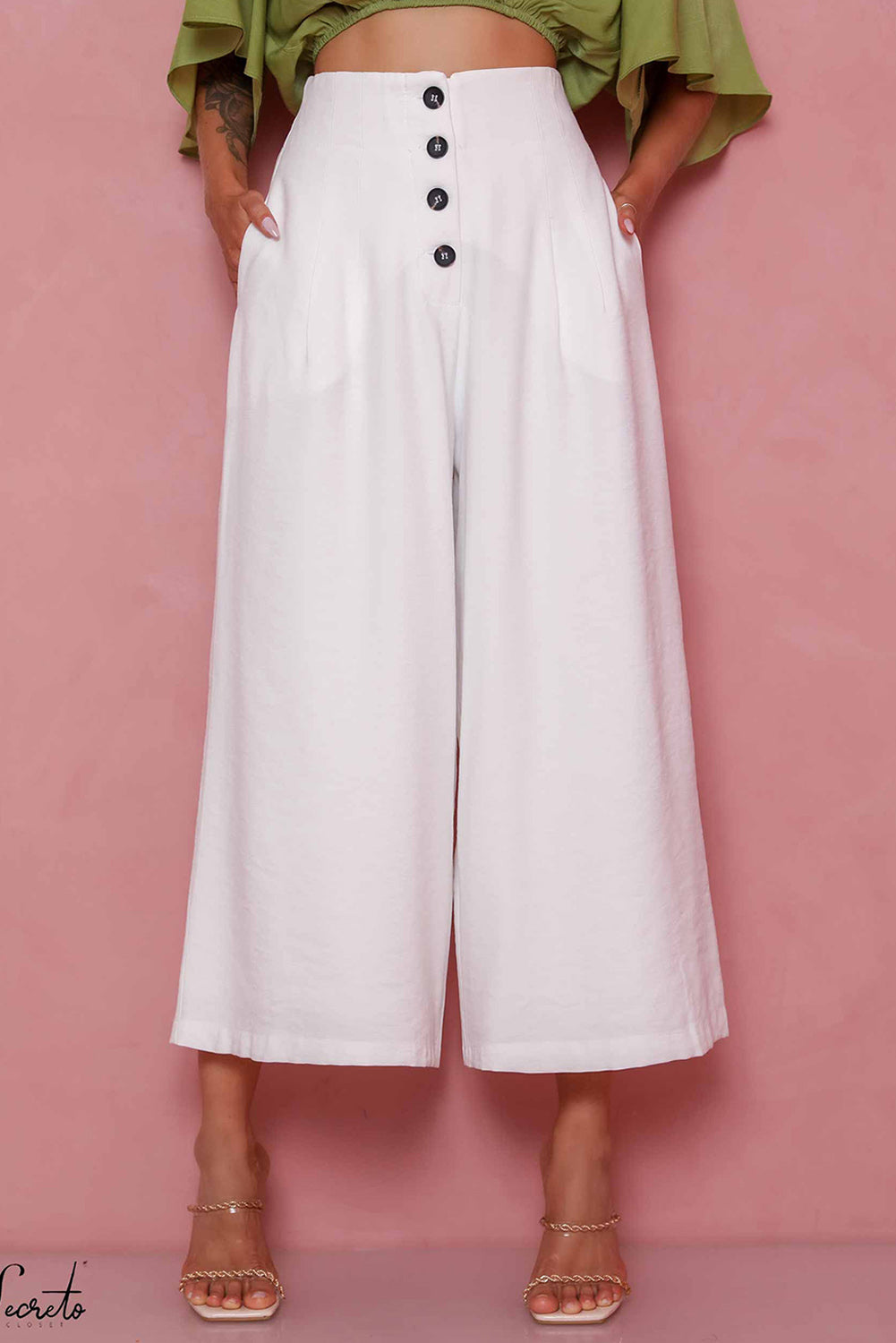 White Buttons Cropped Wide Leg Pants