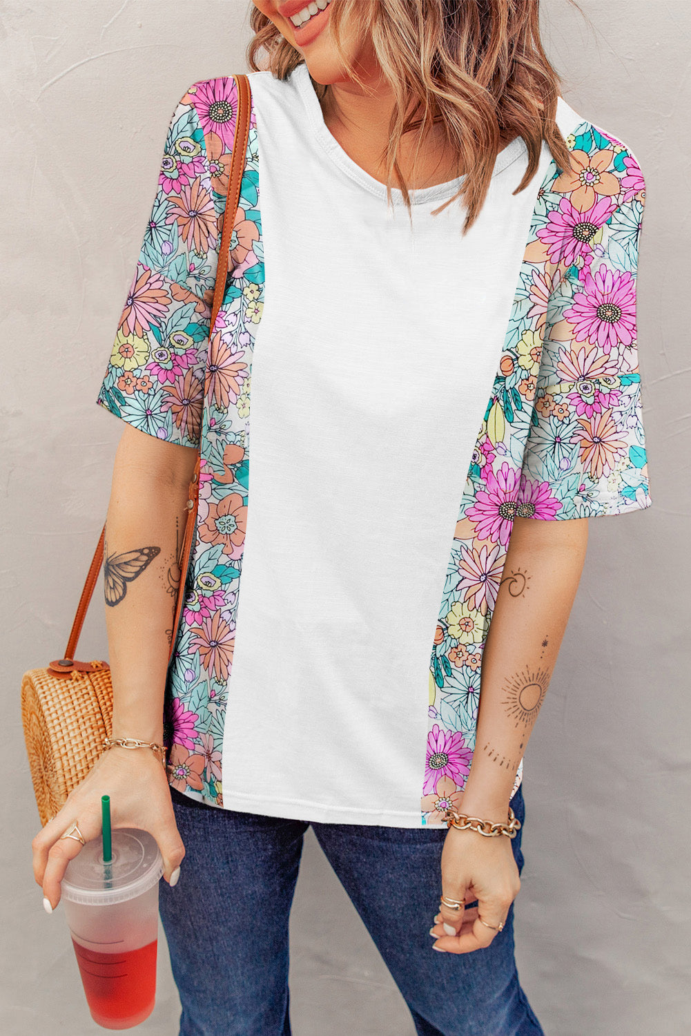 Floral Print Patchwork Short Sleeve Top