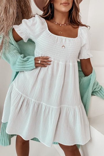 White Smocked Square Neck Textured Mini Dress