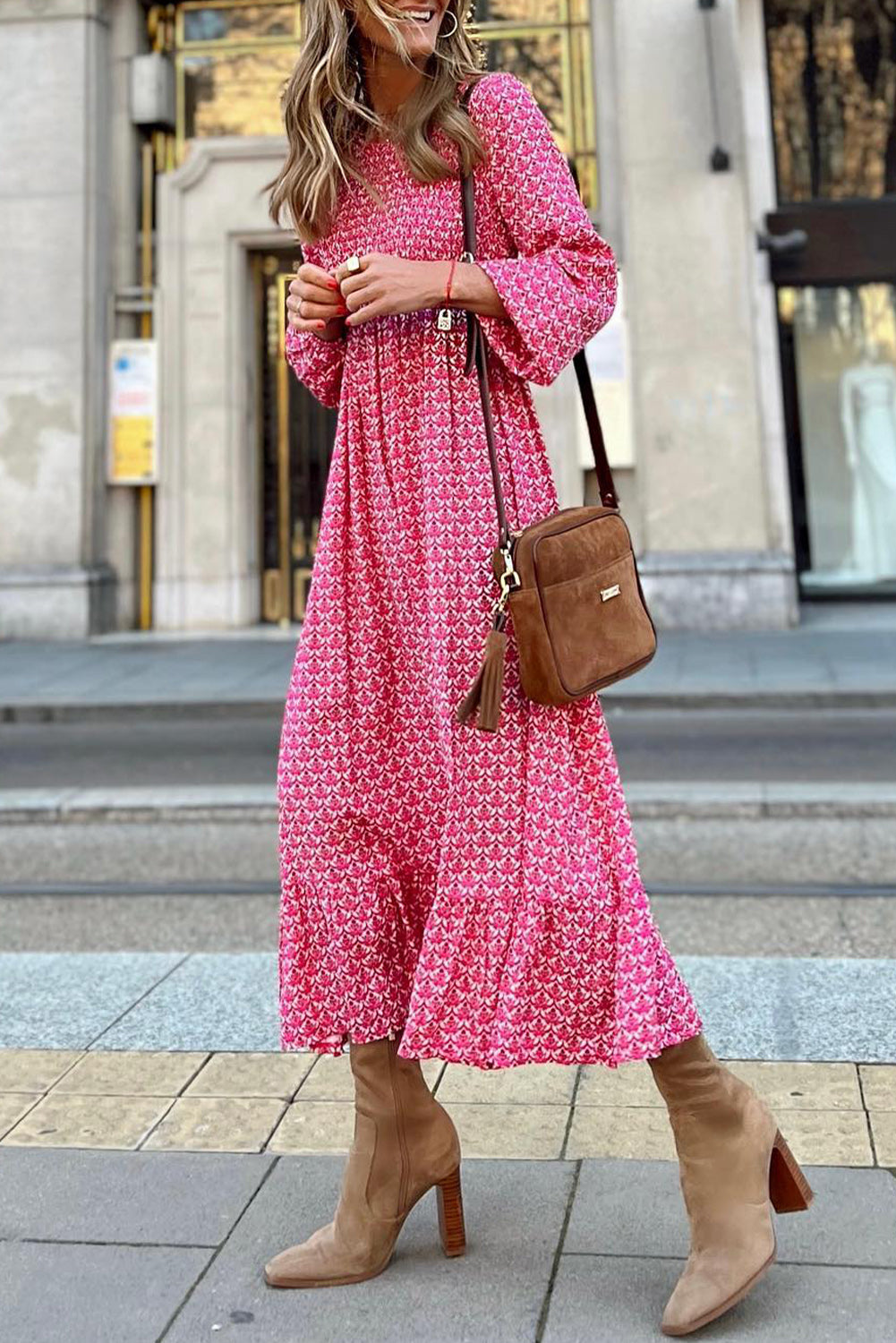 Printed Ruffled Hem Long Dress