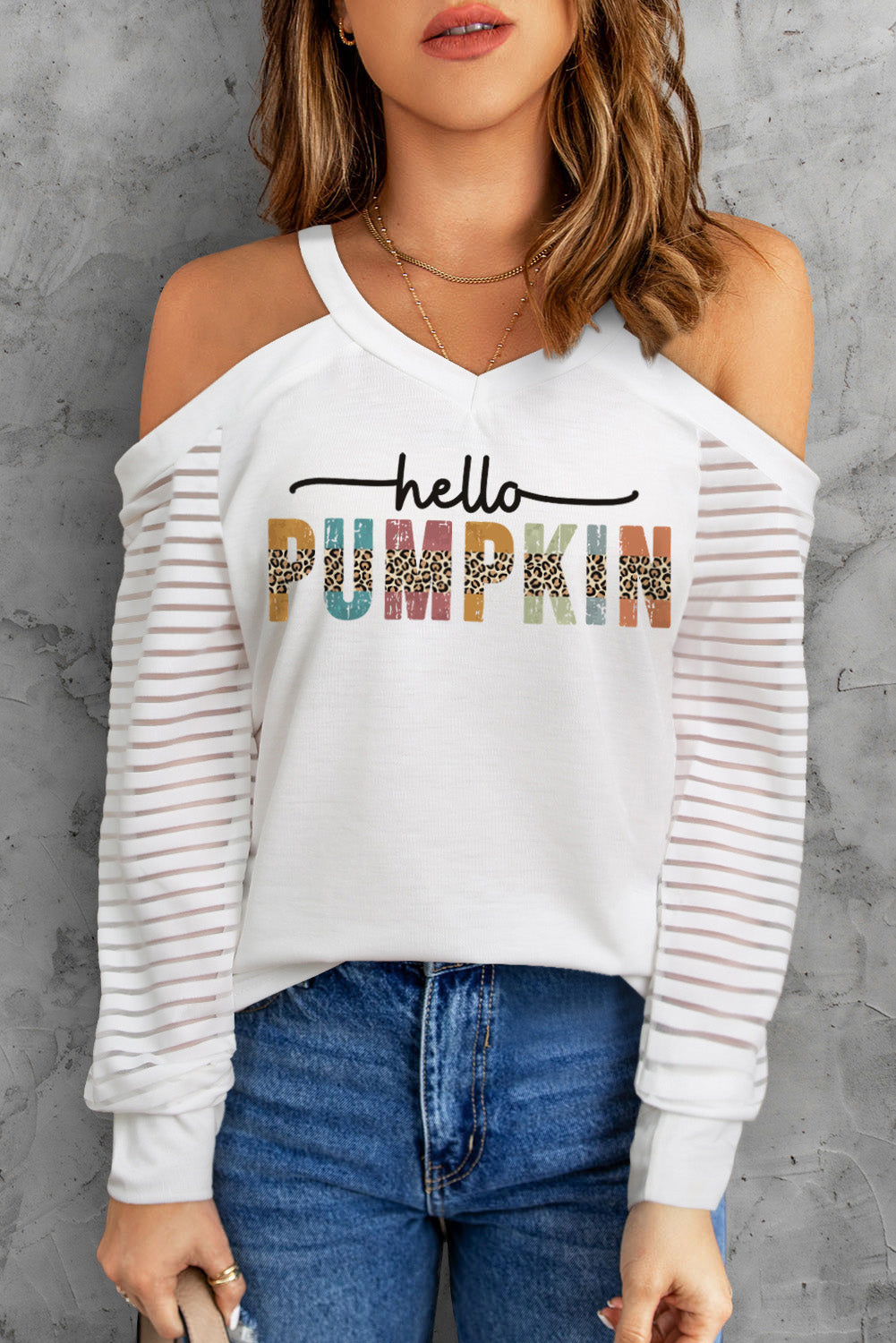 Hello PUMPKIN Graphic Cold Shoulder Striped Mesh Sleeve Top