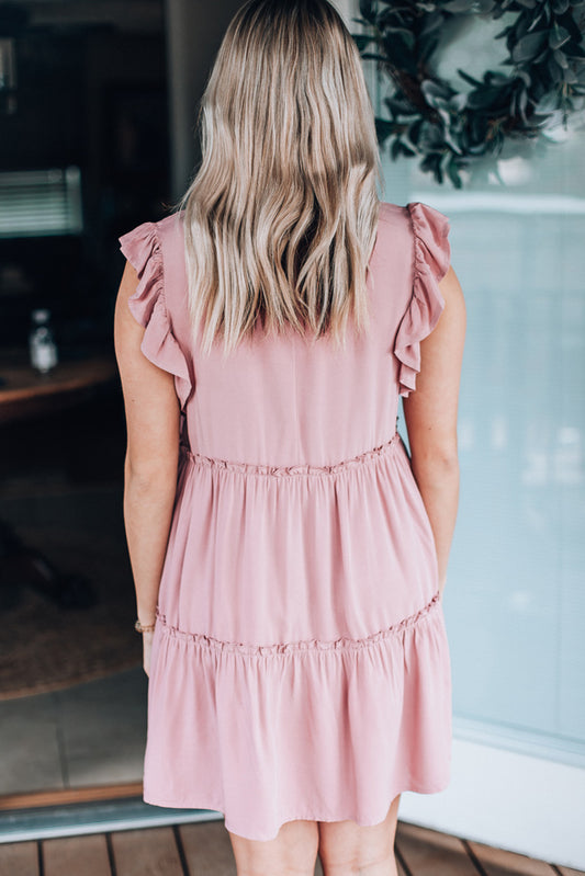 Pink Ruffle Trim Sleeveless A-line Mini Dress