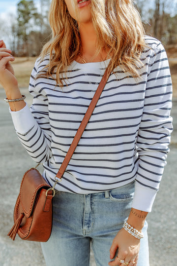 Striped Print Ribbed Trim Long Sleeve Top