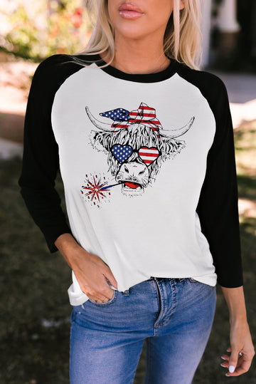 American Flag Ox Head Colorblock Long Sleeve T Shirt