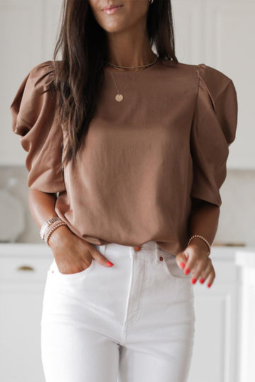 Brown Keyhole Back Puff Sleeve Crew Neck Top