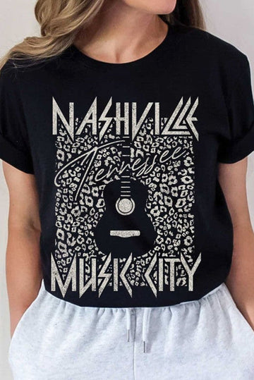 Black NASHVILLE MUSIC CITY Leopard Graphic Print Tee