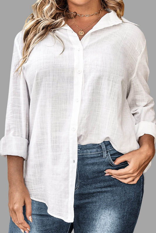 Plus Size Linen Textured Button Up Shirt