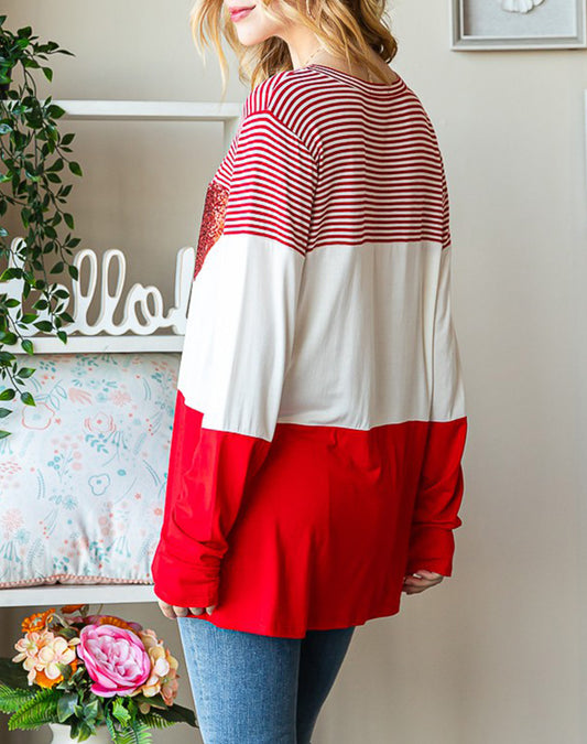 Valentine's Day Sequin Heart Striped Colorblock Top