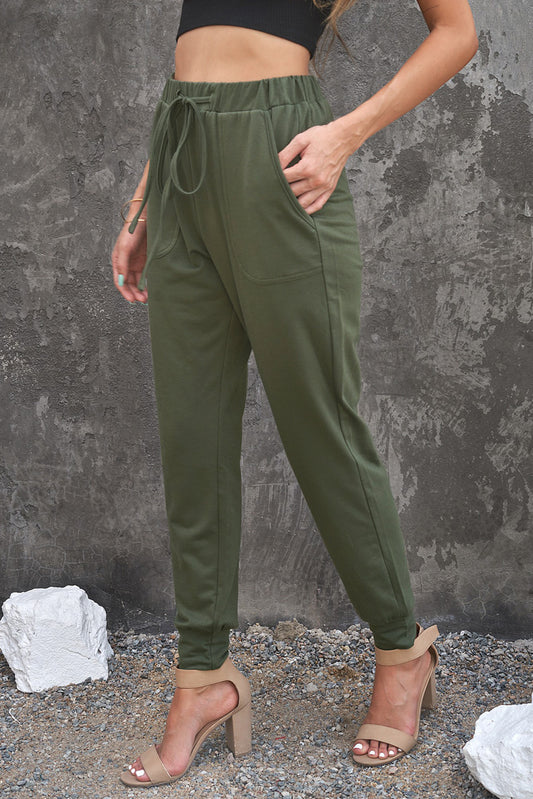 Army Green Pocketed Drawstring Casual Pants