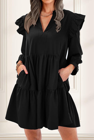 V Neck Tiered Ruffled Dress with Pockets