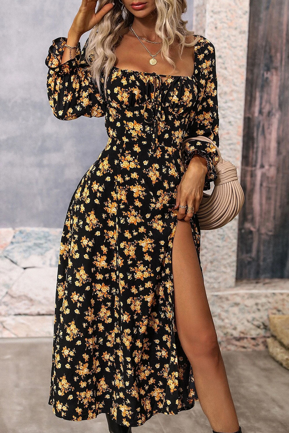 Floral Tie Square Neck Puff Sleeve Slit Dress