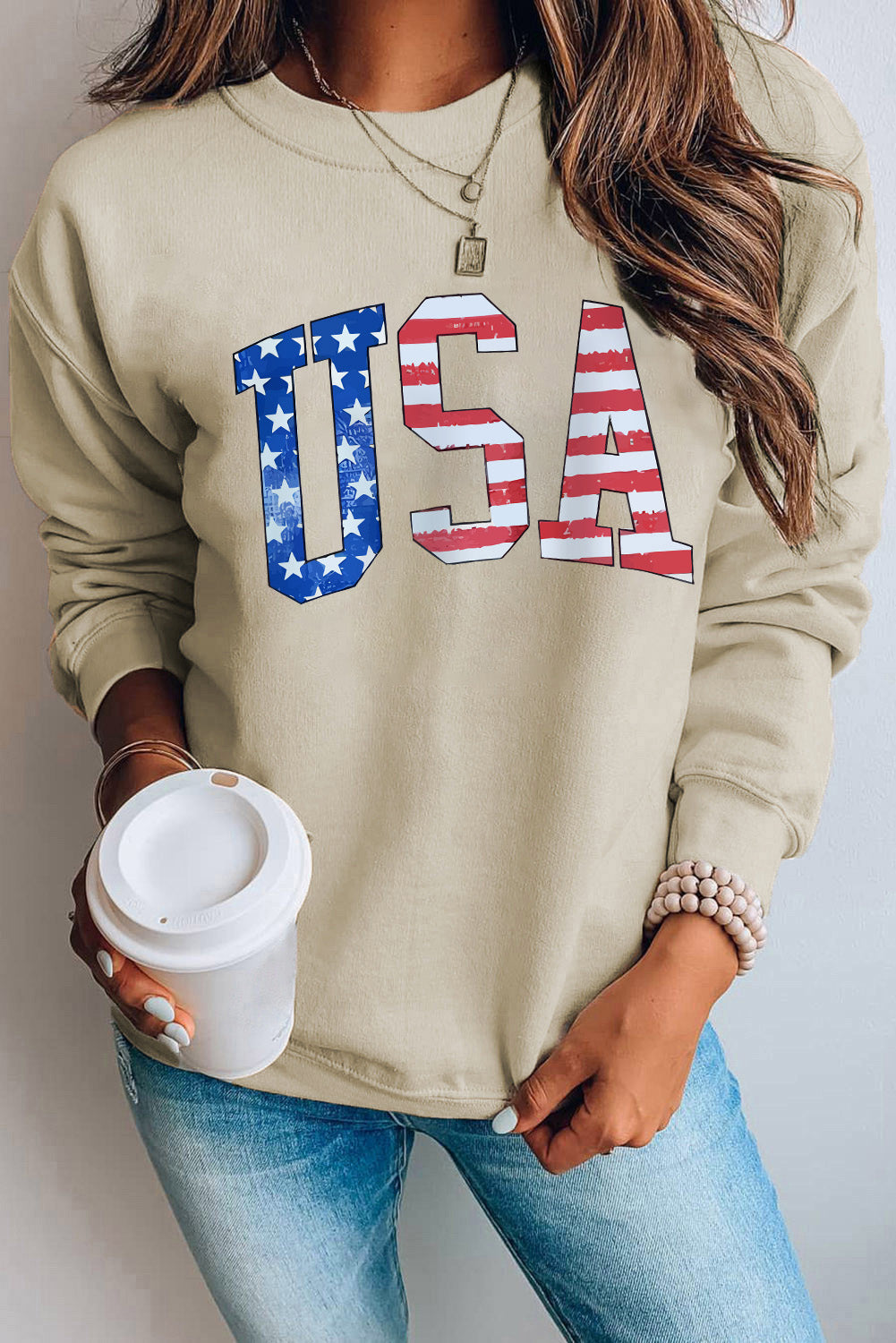 USA Flag Graphic Print Crew Neck Pullover Sweatshirt