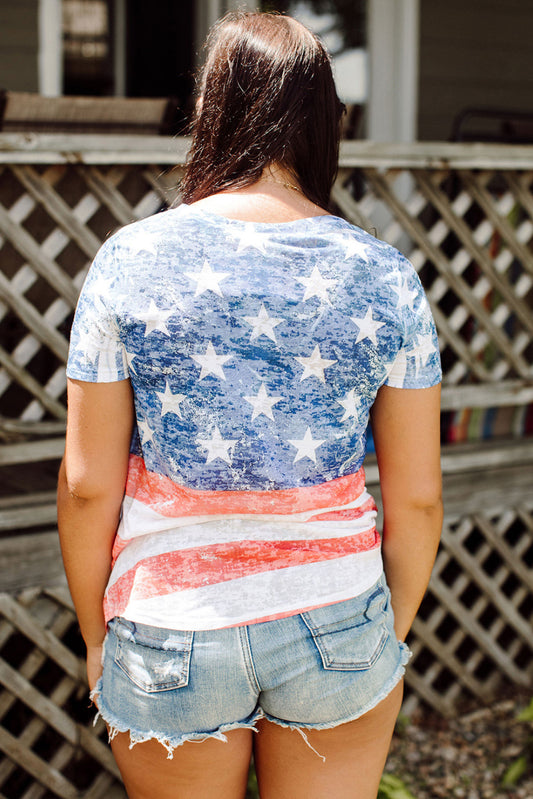 Plus Size Vintage American Flag Print V Neck T Shirt