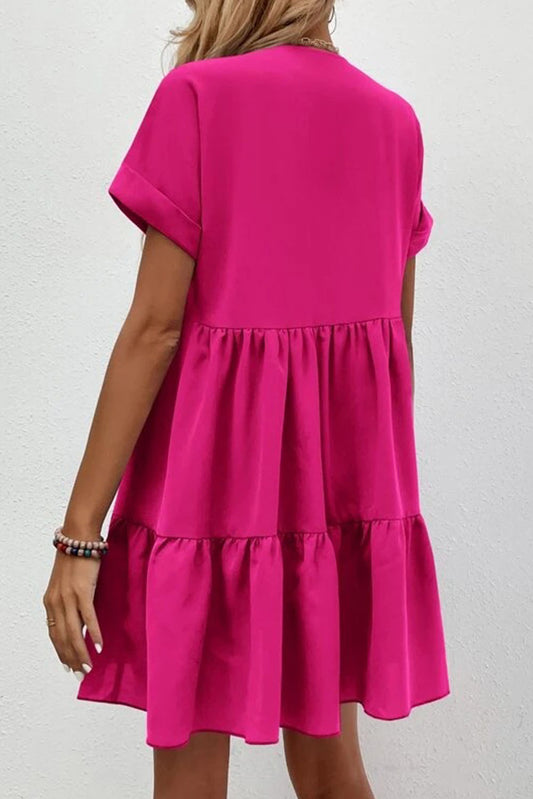 V-neck solid color large swing casual skirt dress