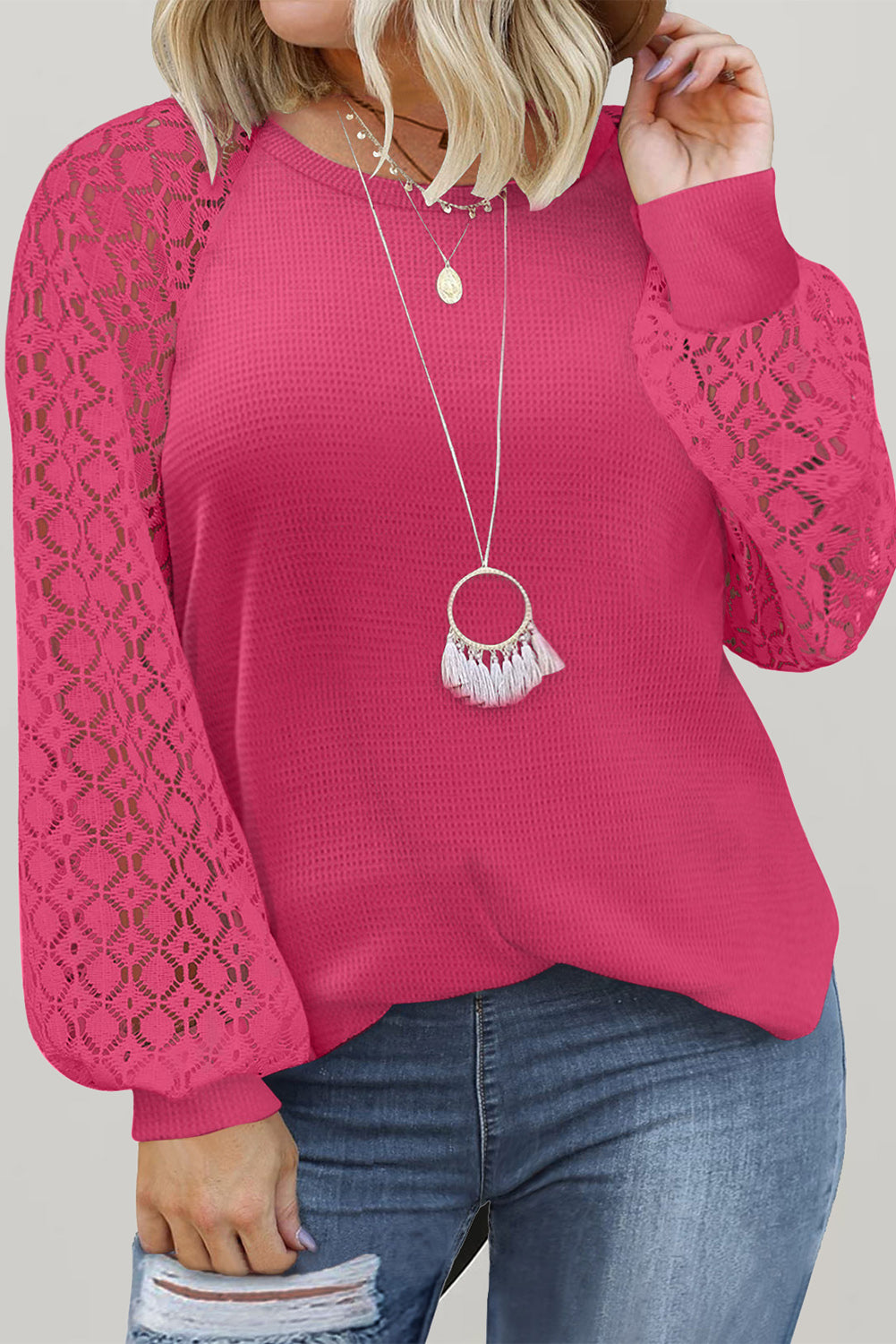 Plus Size Contrast Lace Sleeve Waffle Knit Top