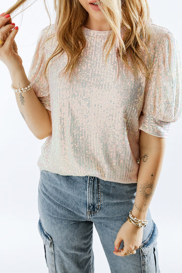 Apricot Sequin Puff Sleeve Top