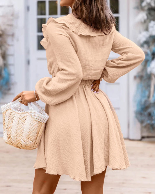 Textured Ruffled V Neck High Waist Mini Dress