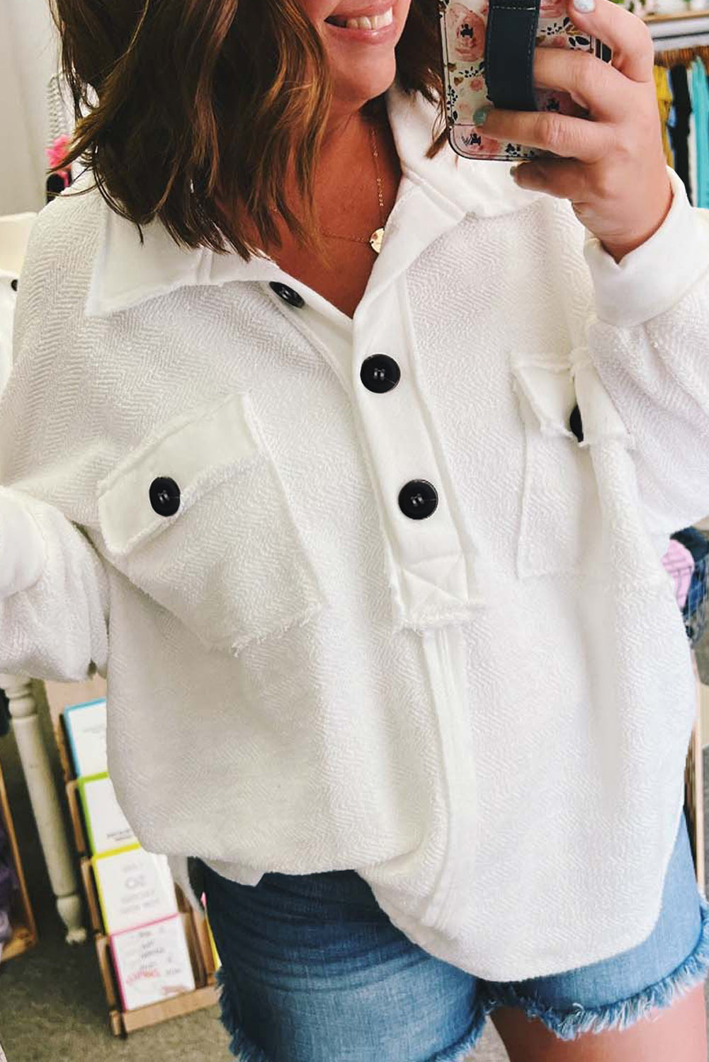 Plus Size Long Sleeve Flap Pocket Henley Top