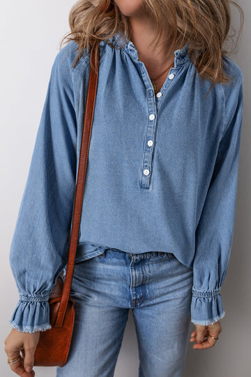 Frilled Raw Hem Half Buttoned Denim Top