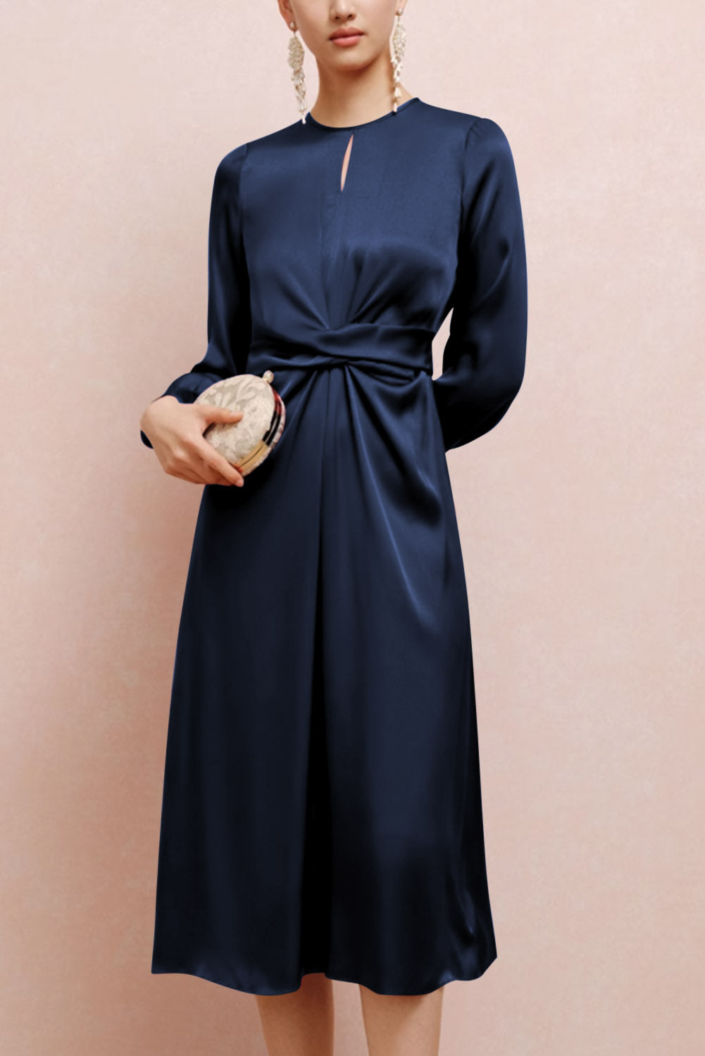 Twist Front Tie Back Long Sleeve Satin Dress